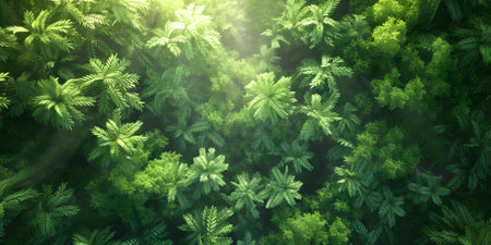 Green leaves with sunbeams in the forestの素材