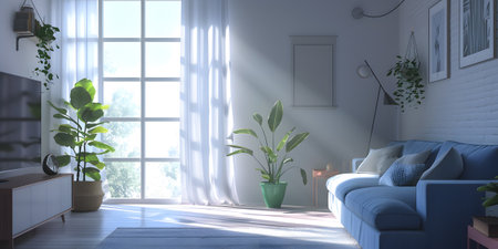 moody interior with sofa and pot plantの素材