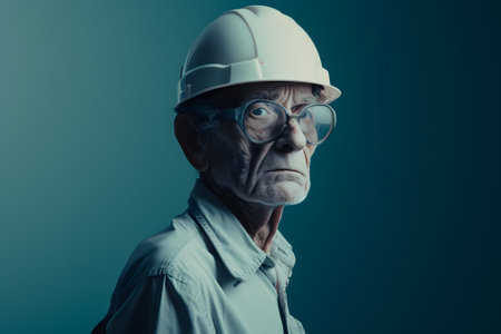 Portrait of a senior industrial worker wearing hardhat and glassesの素材