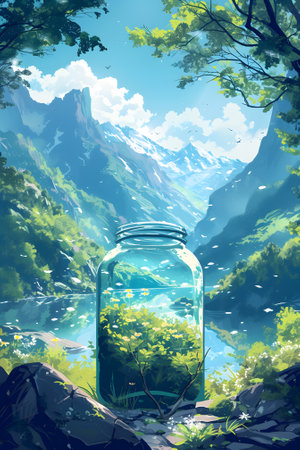 Illustration glass jar full of water with mountains in the backgroundの素材