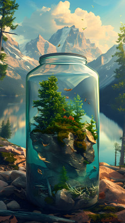 Nature andscape with lake in a glass jarの素材