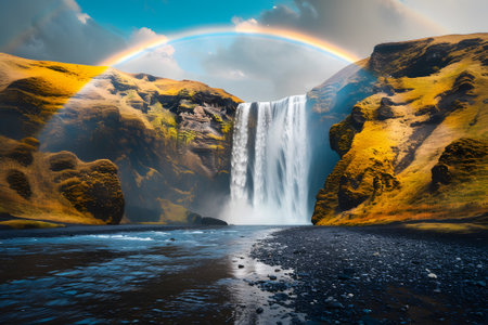 Famous Skogafoss waterfall with rainbow in the skyの素材