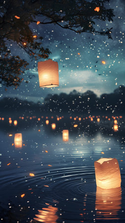 Lanterns floating on the water at night with falling snowの素材