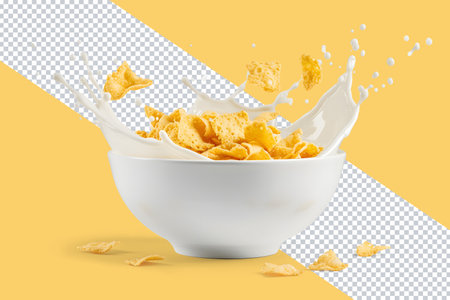 Cornflakes in a bowl with milk splash on a yellow backgroundの素材