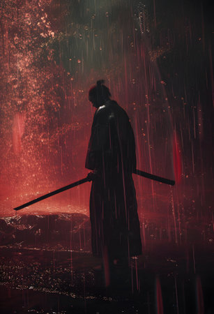 Silhouette of a kendo fighter with a sword in the rainの素材