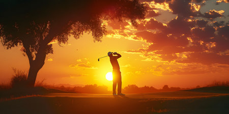 Silhouette golf player on golf course at sunsetの素材