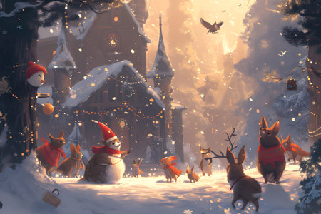 Christmas scene with snowman, foxes and fairy tale housesの素材
