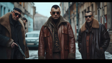 Three gangster in a leather jacket and sunglasses on the streetの素材