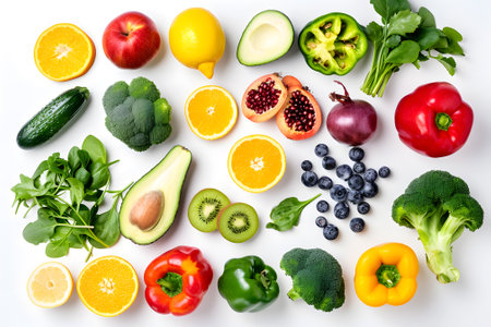 Composition with fresh fruits and vegetables on white background, top viewの素材