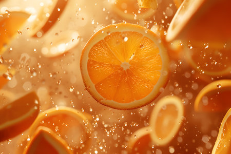 Orange slices in water with bubbles on light background, close upの素材