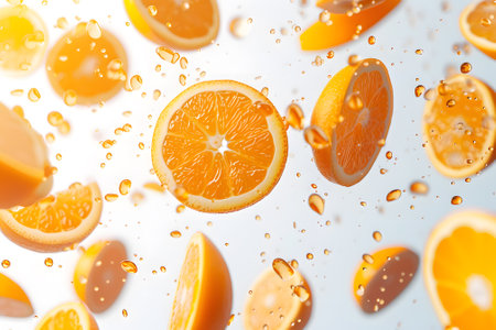 Slices of orange floating in water with bubbles on white backgroundの素材