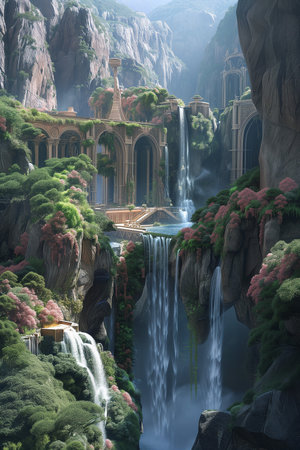 Fantasy landscape with waterfall in the mountainsの素材