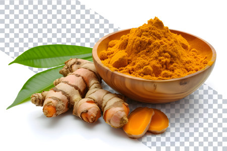 Turmeric powder in wooden bowl and fresh turmeric root on white backgroundの素材