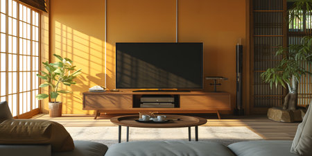Interior of modern living room with TV on the wall. 3d renderingの素材
