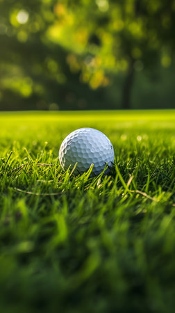 Golf ball on green grass ready to be taken in golf courseの素材