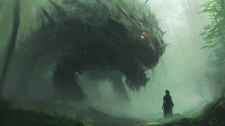Fantasy scene of a woman standing in a dark forest with a big monsterの素材