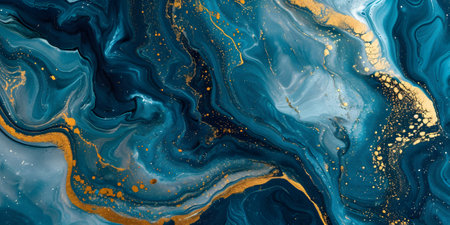 Marble abstract acrylic background. Blue marbling artwork texture. Agate ripple pattern. Gold powder.の素材