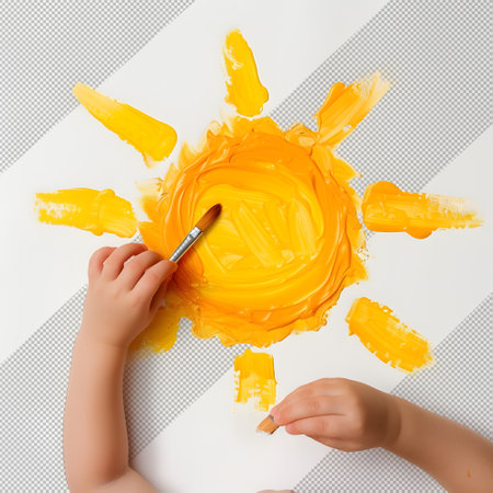 Top view of child drawing sun in yellow paint and brush PNGの素材