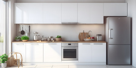 White modern kitchen in a house with beautiful designの素材