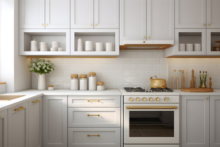 White modern kitchen in a house with a beautiful designの素材