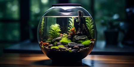 Small glass aquarium with green plants on wooden table in living roomの素材