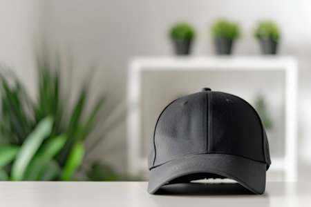 Black baseball cap on white table with green plant background. Mock up for designの素材