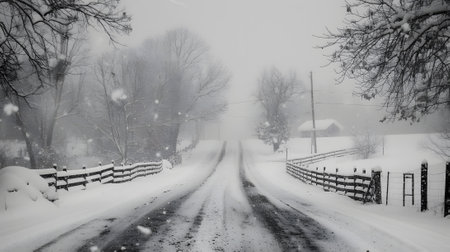 Winter road in the countryside with snowfall and falling snowflakesの素材