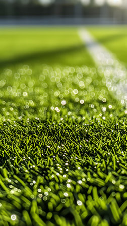 Soccer field with green grass and bokeh lights close upの素材