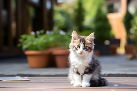 Cute tabby maine coon kitten sitting on terraceの素材