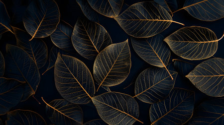 Golden leaf pattern on dark blue background, minimal conceptの素材