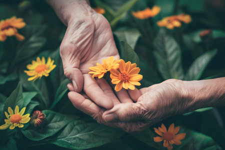 Elderly womans hands holding yellow flowers in the gardenの素材