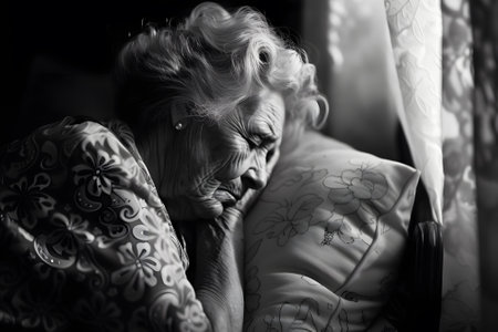 Portrait of a sad elderly woman. Black and white photoの素材