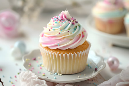 Cupcake with pink buttercream frosting and colorful sprinklesの素材