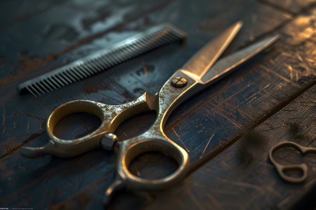 Professional hairdresser scissors and comb on wooden backgroundの素材