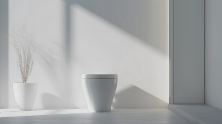 White toilet bowl standing in modern bathroom interior with white walls and concrete floorの素材