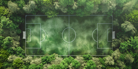 Soccer field in green forest. Top viewの素材