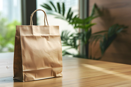 Shopping bag on wooden table, closeup. Mockup for designの素材