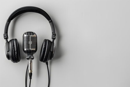 Headphones and microphone on a gray background. Flat lay, top viewの素材