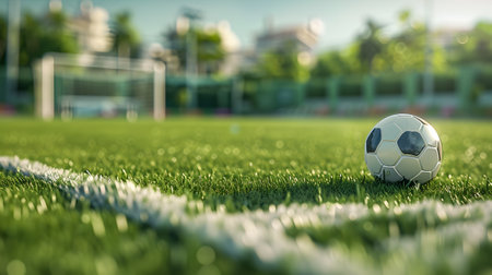 Soccer ball on the green grass of the football stadium with blurred backgroundの素材