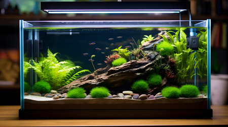 aquarium with green plants and stones on shelf in the roomの素材