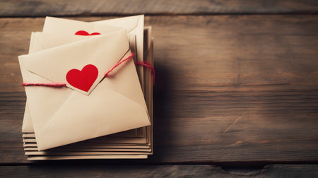 Envelopes with hearts on wooden background. Valentines day conceptの素材