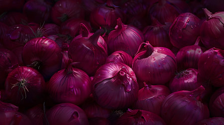 Red onion background. Close up fresh red onionsの素材