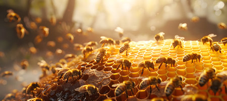 Close up view of the working bees on honeycells. Beekeeping conceptの素材