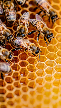 Close up view of the working bees on honeycells. selective focusの素材