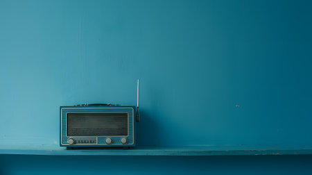 Vintage radio on blue shelf in blue wall backgroundの素材