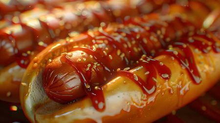 Hot dogs with ketchup on wooden board closeupの素材