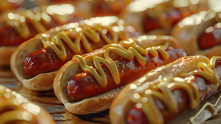 Delicious hot dogs with mustard and ketchup on the tableの素材