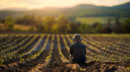 Rear view of farmer looking at potato crop on the fieldの素材