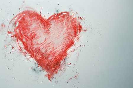 Red heart painted watercolor on white wallの素材