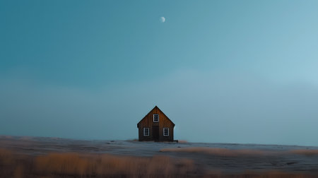 Abandoned house in desert with moon. Clear sky, minimalismの素材